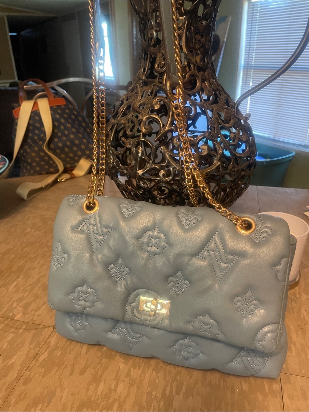 Adrienne Vittadini Light Blue Quilted Chain Shoulder Bag